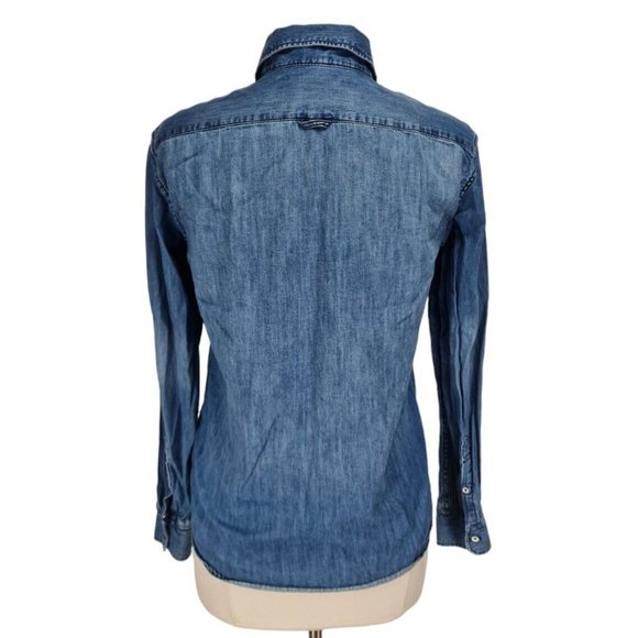 celio Womens Button Up Shirt Size S Blue Chambray Long Sleeve Curve Hem   44P - Picture 4 of 7